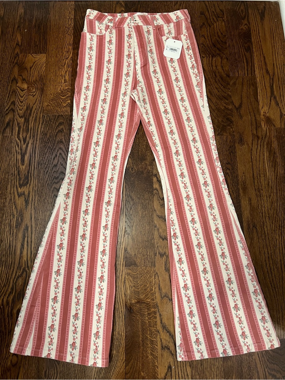 Altar'd State Pink and Cream Floral Stripe Bootcut Pants
